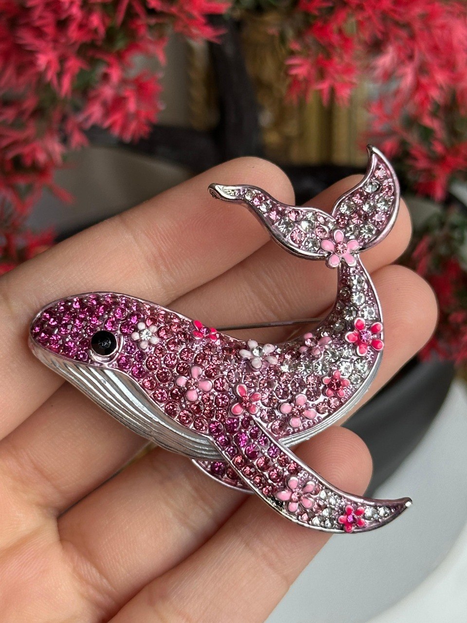 Pink strass whale brooch