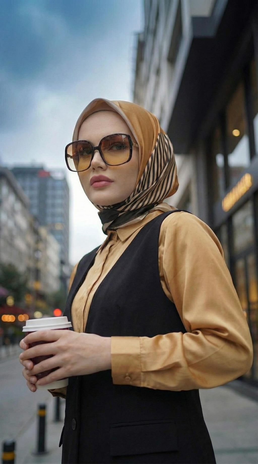 حجاب ساتان مطبوع Mocha من يسرا