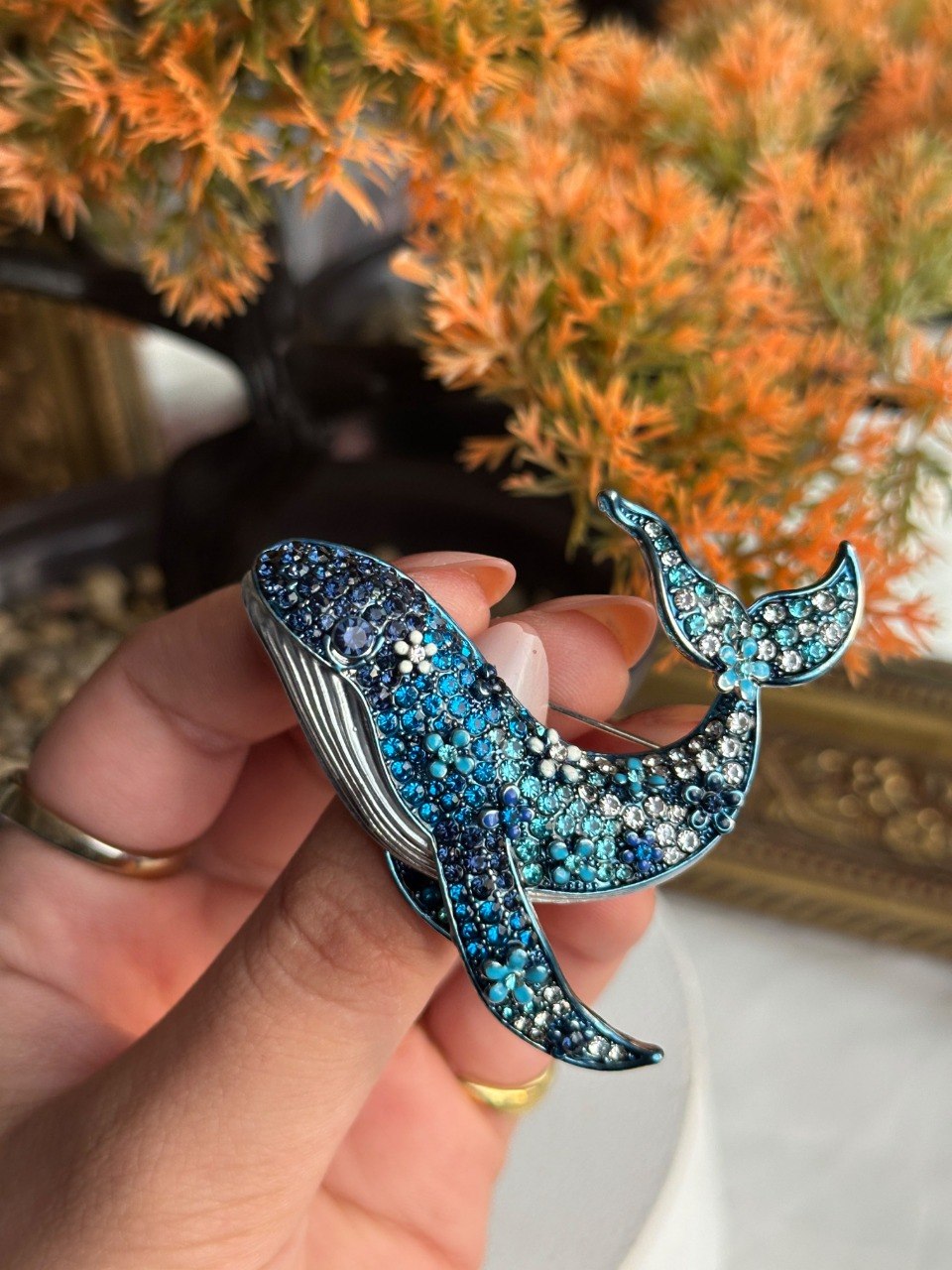 Blue strass whale brooch